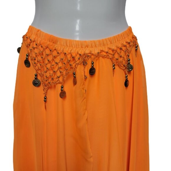 Orange Belly Dance Performance Costume Sequin Beaded Skirt Elastic Waistband NEW - Picture 2 of 4